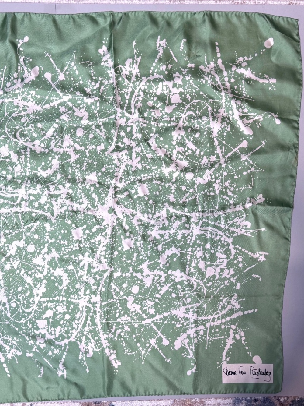Vintage Diane Von Furstenberg Silk Sage Green & White Splatter Scarf, 20" Sq.
